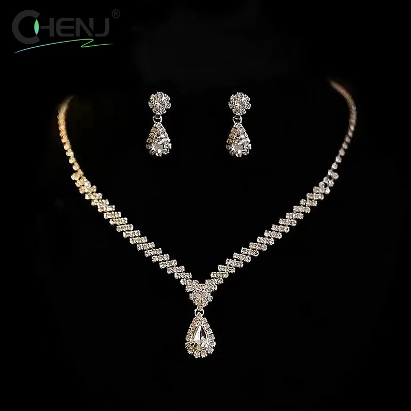 1 مجموعة بسيطة موضة قطرة الماء كريستال الراين قلادة طقم أقراط للنساء الزفاف العروس مجموعات مجوهرات اكسسوارات #1
