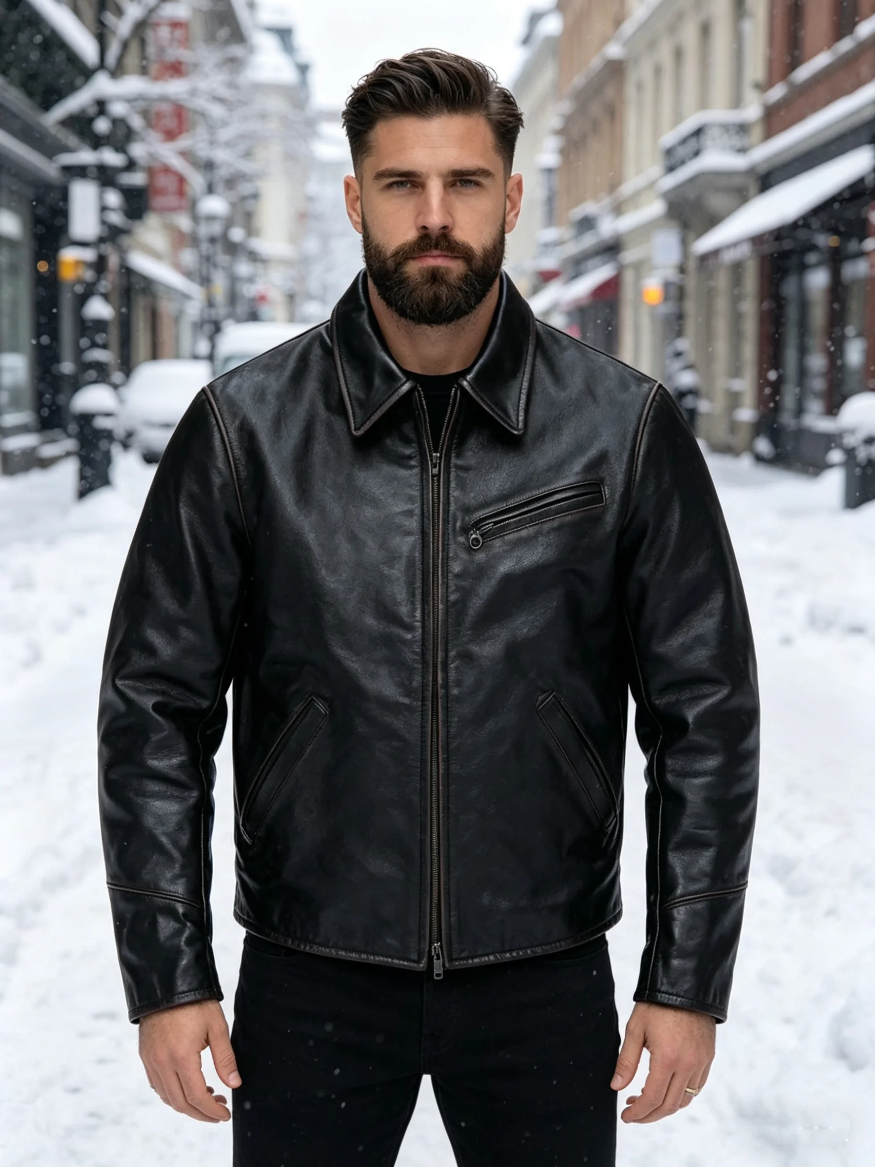

Black Spring Leather Jacket Men Retro Vintage Style Plus Size 5XL Genuine Natural Cowhide Turn-Down Collar 1930 Leather Coat