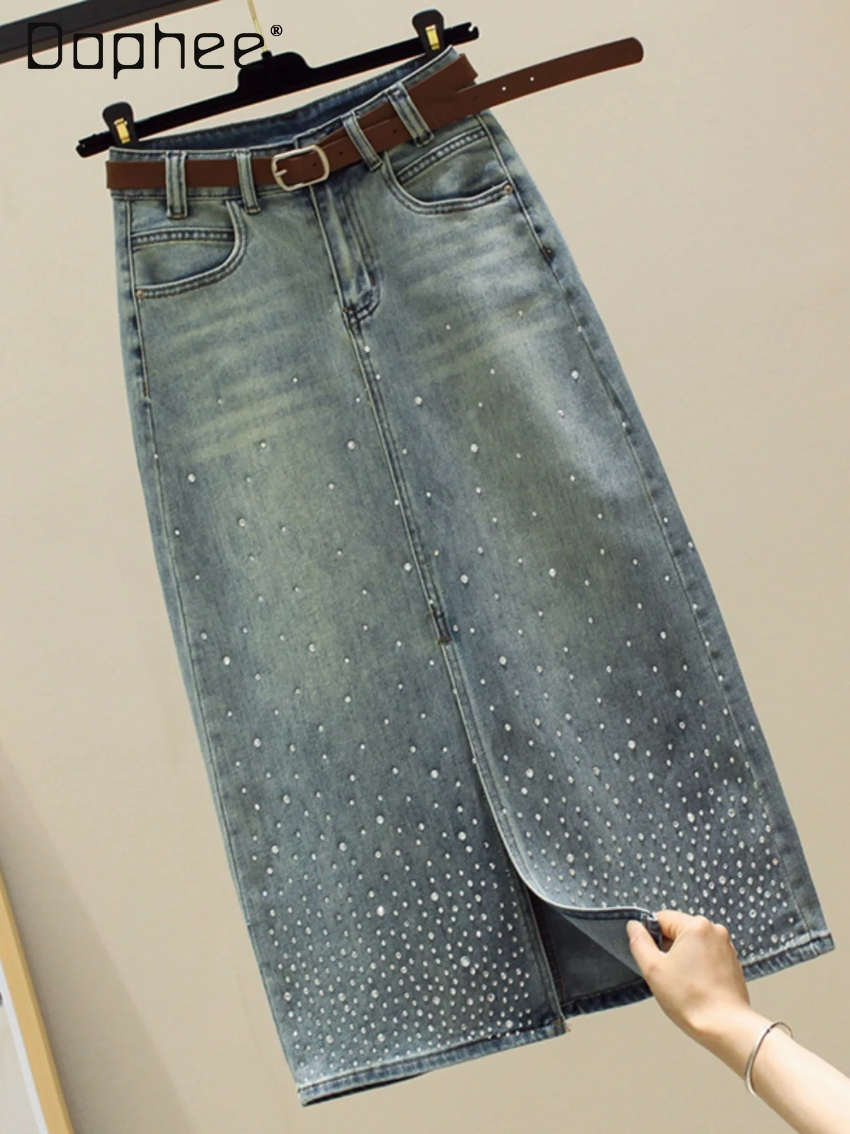 Retro High Waist Diamond Denim Skirt Women A Line Split Mid Length Wrap Hip Skirt dla kobiet Rhinestone Vintage Long Skirt