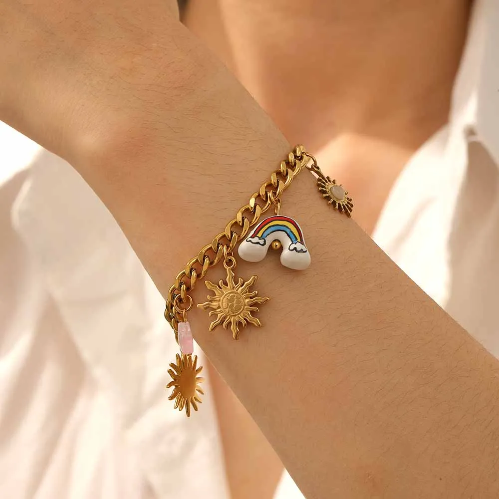 

LAMENGLY 316L Stainless Steel Creative Geometric Sun Rainbow Charm Bracelet Women New Arrival Trend Wrist Chain Jewelry Gifts