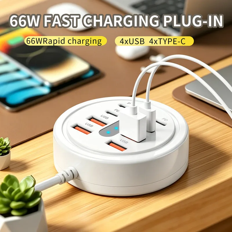 8-in-1 66W Circular USB-C Fast Charger, 4 USB + 4 Type-C PD Ports, Multi-Port Fast Charging Adapter for USB Hubs and Adapters