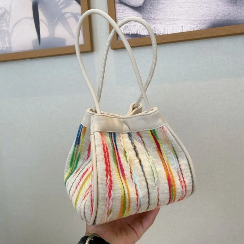 

Rainbow Striped Tote Bag Female Fashion All-match Single Item Female Bag Suction Seal Hand Carrying Basket Wrapper Spell Rainbow