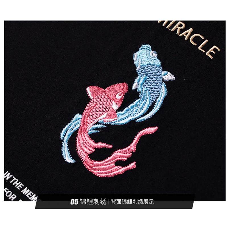 Men Brocade Carp Embroidered Tshirt Summer Pure Cotton Jersey Male Knitted Tops Short Sleeve T Shirt Sukajan Hip Hop Clothing