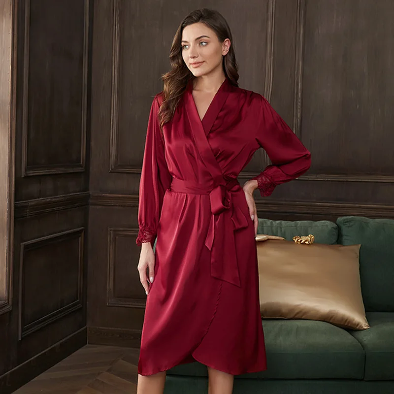 

New Sexy Pajamas Women's Silk Nightgown Casual Simple Cardigan Lace-up Bathrobe V-collar Loungewear Wholesale
