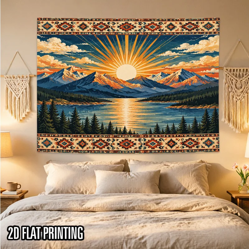 Boho Sunset Tapestry, Sun Mountain Lake Pine Forest Ethnic Geometric Frame Landscape Wall Hanging for Playroom Study Room