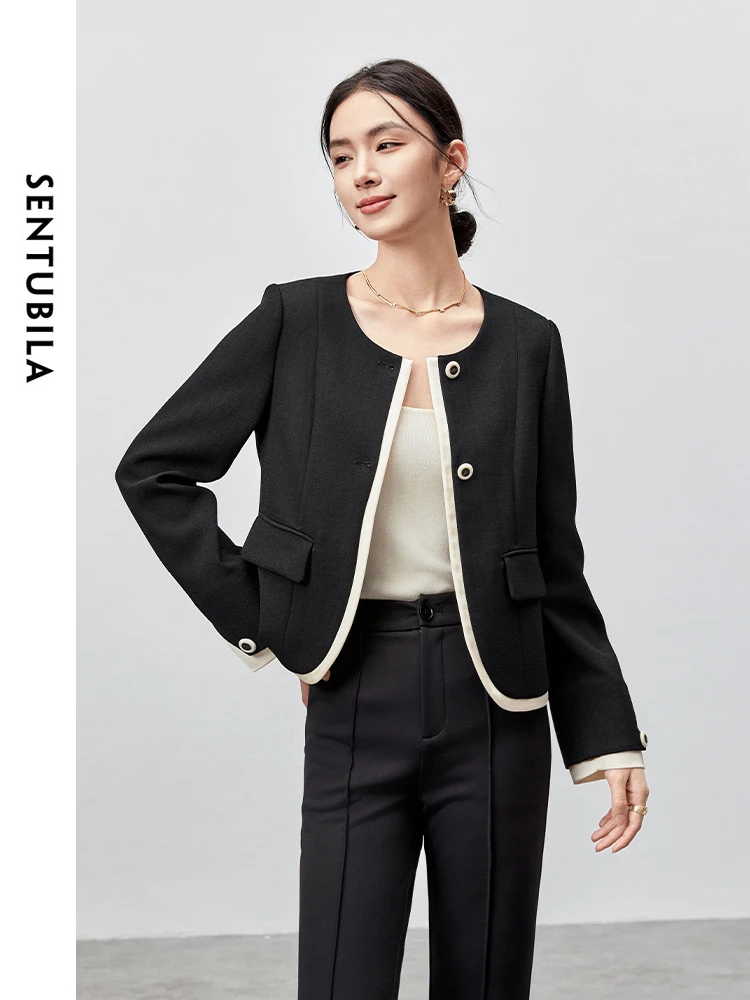 SENTUBILA Women Elegant Patchwork Jackets   2024 Autumn Round Neck Long Sleeve Shoulder Pads Short  Tops 143W55824