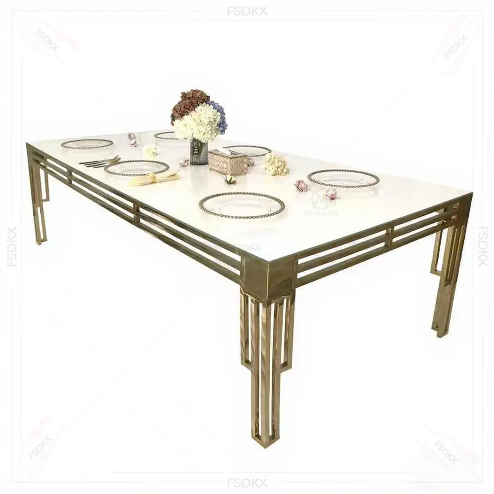 

FSDKX Furniture Gold Tempered Modern Luxury Glass Gold Legs Stainless Steel Rectangle Dinning Wedding Event Table