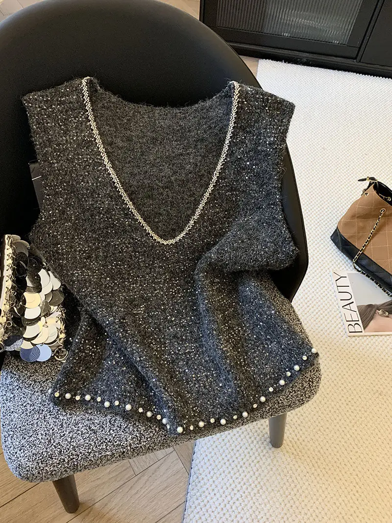 

Женский вязаный жилет с пайетками, модный весенний, с завышенной талией, прямого кроя, повседневный, с V-образным вырезом