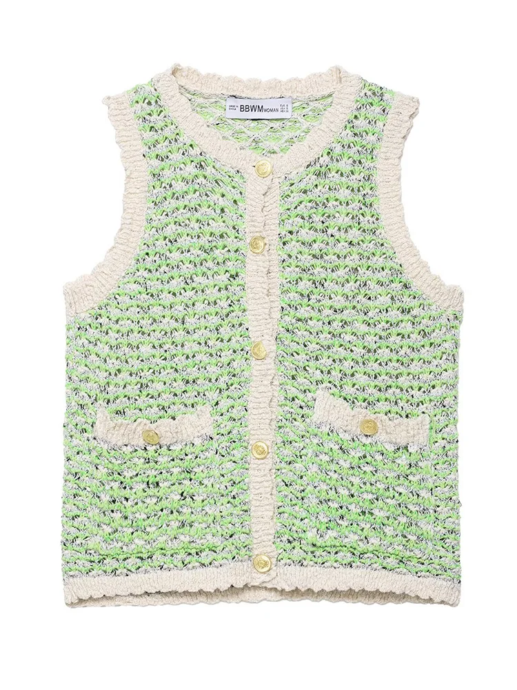 

SIYANG Women Fashion With Pockets Green Single Breasted Knitted Vest Tank Tops Vintage O-Neck Sleeveless Female Chic Lady Top