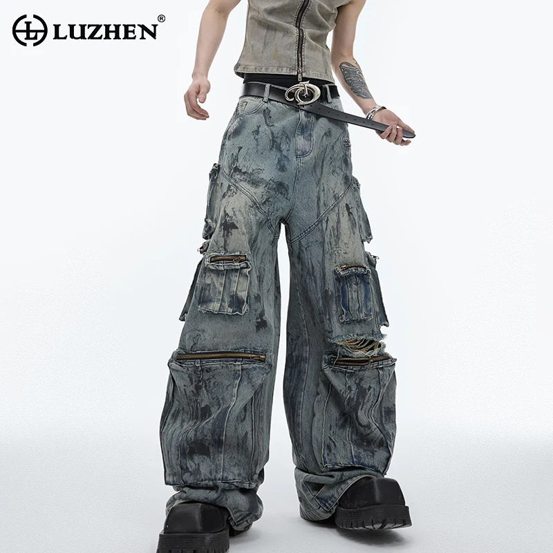 LUZHEN Stylish Vintage Multi Pockets Design Baggy Denim Cargo Pants Men's 2024 Autumn Original High Street Fashion Jeans LZ4036