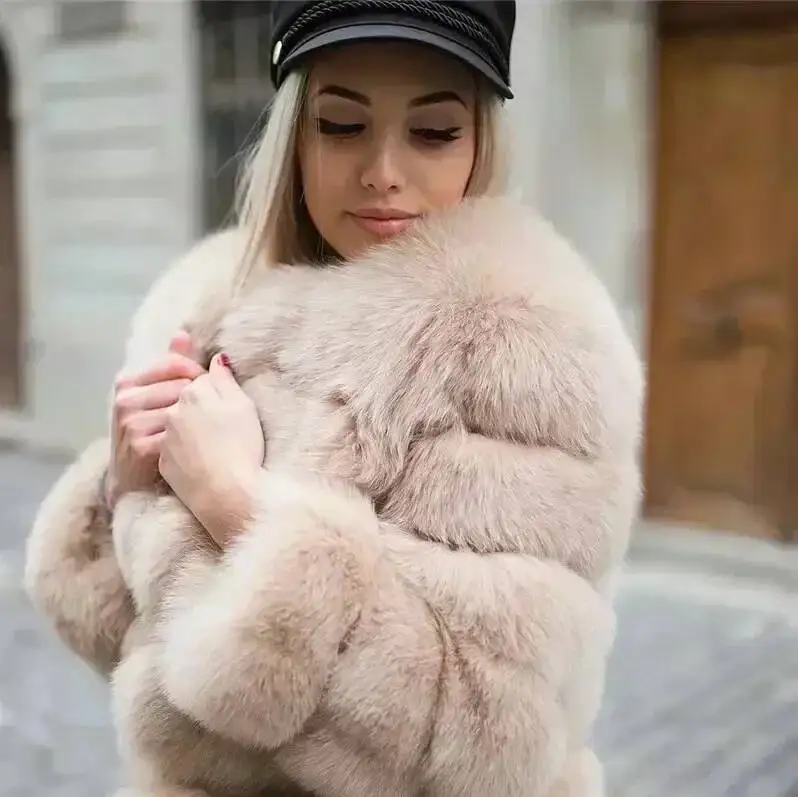 Nouveau manches longues Faux 2025 hiver femmes mode épais chaud manteau flou vêtements d'extérieur femme gris/noir fausse fourrure veste