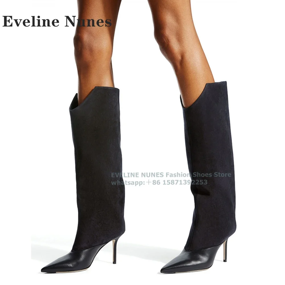 

Black V-Cut Pointed Toe Knee High Boots Thin Heels Pull On Splicing Plus Size Knight Boots Concise Elegant Women Sexy Shoes 2024