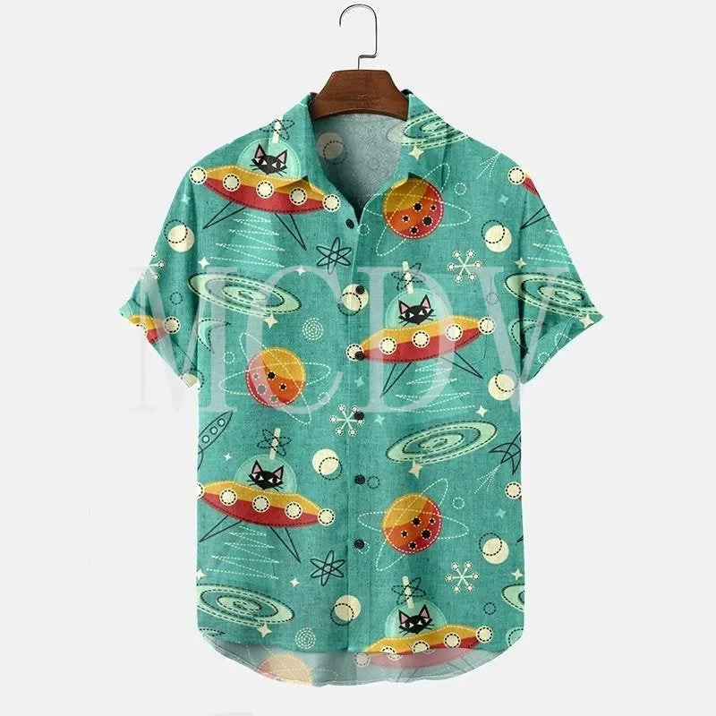 Spaceship Cat  3D All Over Printed Hawaiian Shirt Men For Women Casual Breathable Hawaiian Short Sleeve Shirt