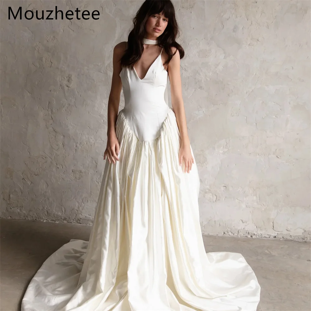 

Mouzhetee A-Line Simple Spaghetti Strap Pleat Wedding Dresses Pleat Long Elegant Brides Gown Custom Made 2026