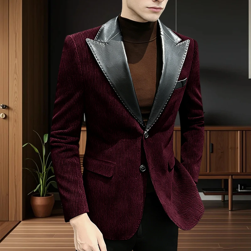 Herren-Anzugjacke, Cord, einreihig, schmal geschnitten, Mantel, Business, Freizeit, Bankett, Bräutigam, Frack