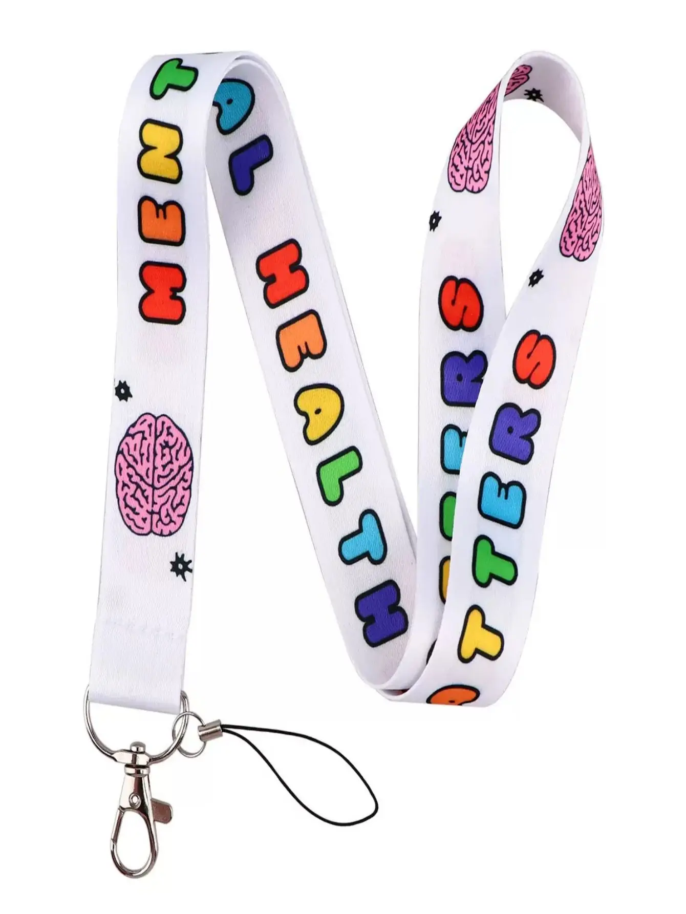 Portachiavi con cordino per la consapevolezza della salute mentale - Design colorato del cervello dei cartoni animati, con la parola "Mentale"