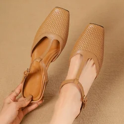 2024 Summer new large size 34-41 women's genuine leather t-strap flats mules soft comfortable high quality sandals slides shoes