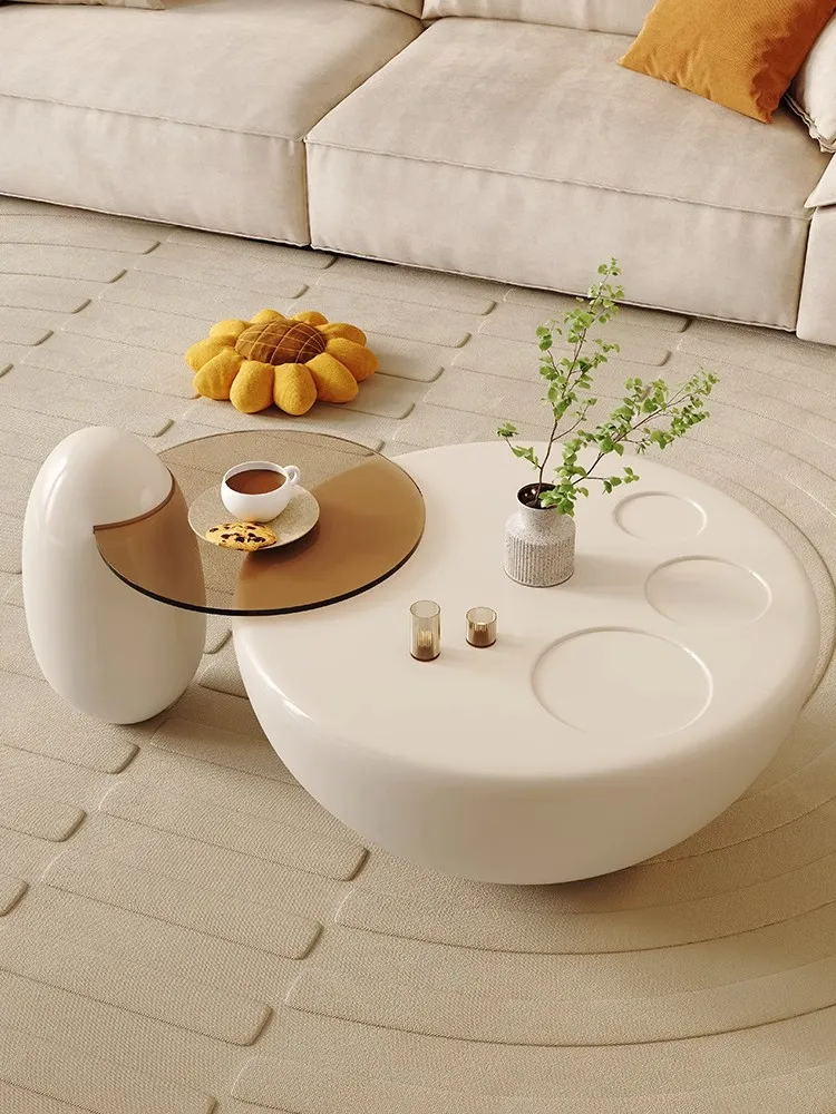 Cream White Round 2023 New Cat Claw Creative Design Living Room Household Apartment Minimalist Furniture Glass Coffee Table