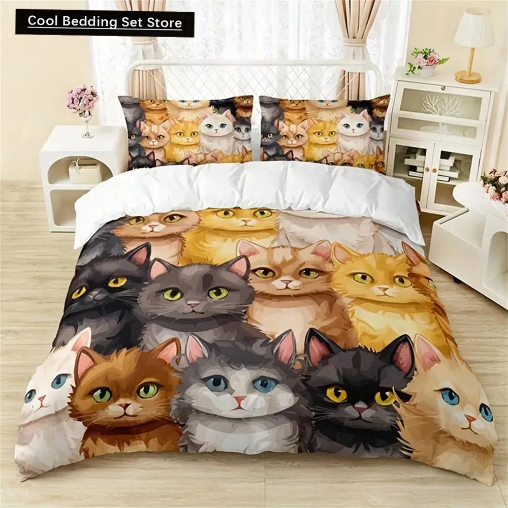 Cute Cartoon Kitten All Season Bedding Set, Soft Comfortable And Breathable Duvet Cover 1*Duvet Cover + 2*Pillowcase