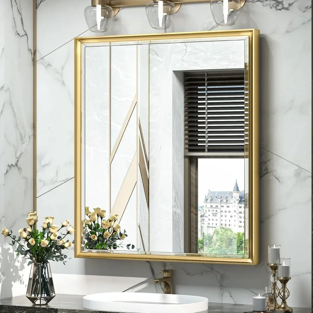 Recessed Medicine Cabinet with Mirror Wall Mounted, Metal Beveled Mirror with Storage for Bathroom Vanity, Aluminum Alloy