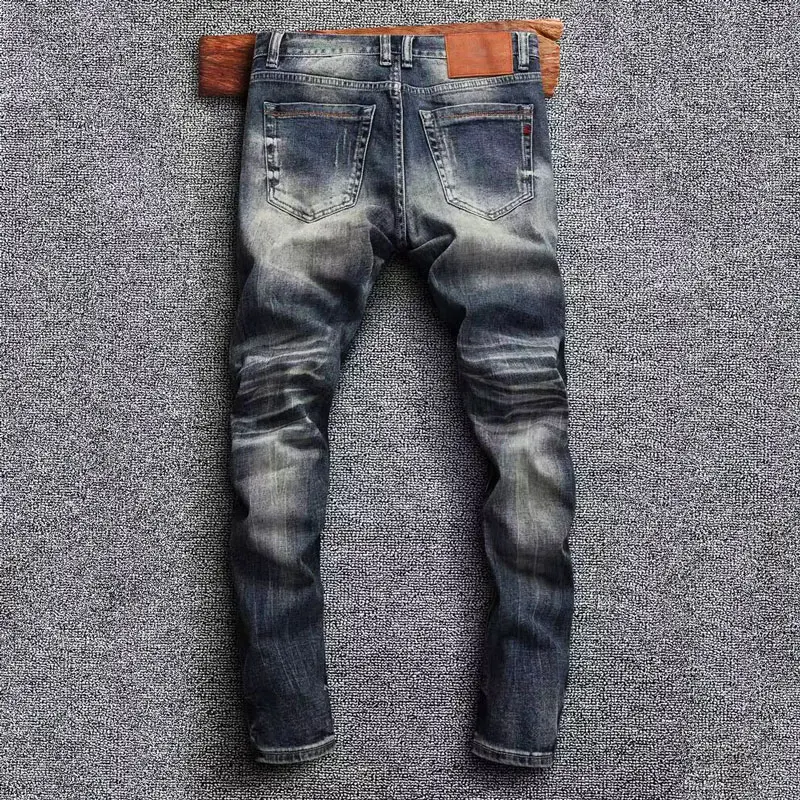 Fashion Designer Men Jeans High Quality Retro Washed Blue Stretch Slim Fit Ripped Jeans Men Printed Vintage Denim Pants Hombre