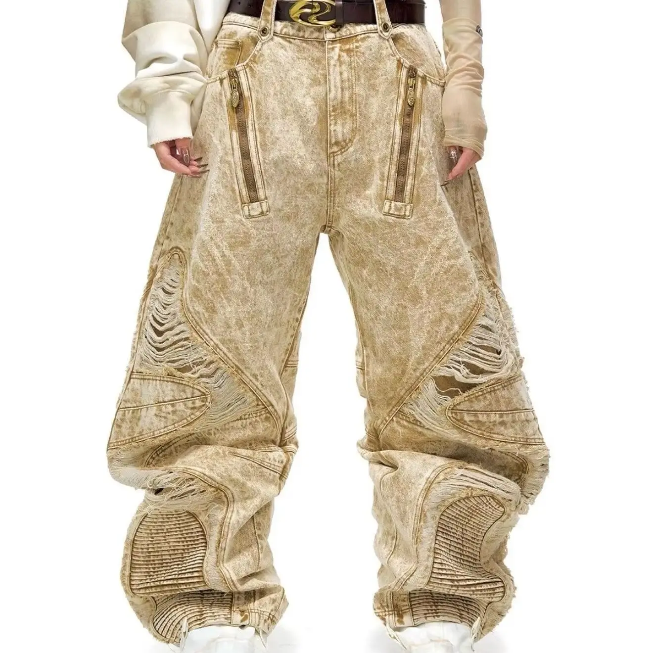 

2025 New American Trendy Street Hip-Hop Style Ripped Wide-Leg Loose Jeans
