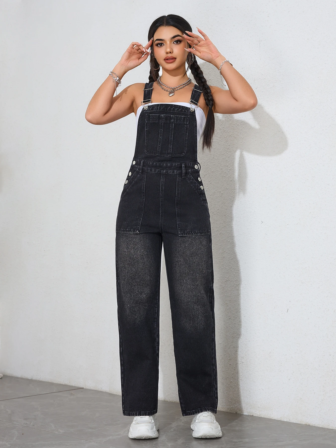2025 Vintage Washed Women's Denim Overalls - Adjustable Straps Wide Leg Dungaree Jumpsuit Casual Workwear Romper Outfit