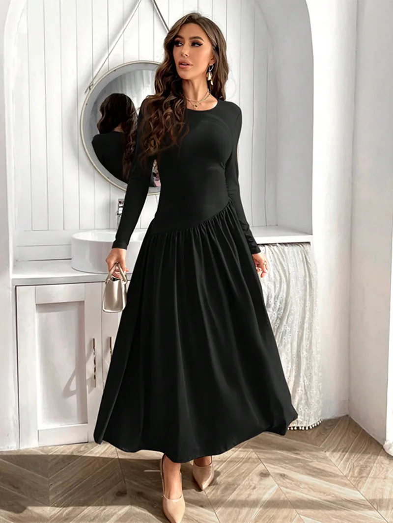 Women Solid Full Sleeve Dresses Autumn And Winter Sexy Black Long Dress Patchwork Fold Slim Fit Casual Shirt Fashion Y2k Clothes