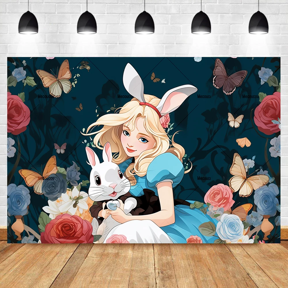 Alice in Wonderland Birthday Party Backdrop Decor White Rabbit Photo Customized for Kids Girls Boys Party Photo Props Supplies