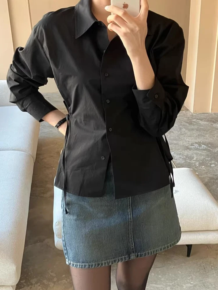 Slim Fit Long Sve irt Women's Chic Autumn Vintage Versatile Turn-down Collar Single Button Design Waist-cinching Slimming