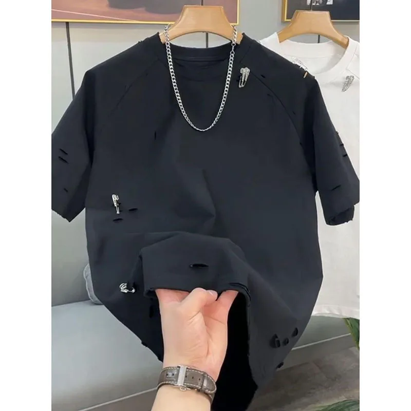 

Fashion O-Neck Spliced Solid Color Hole T-Shirts Men's Clothing Summer New Loose Short Sleeve Korean Tops Casual Tee Shirts