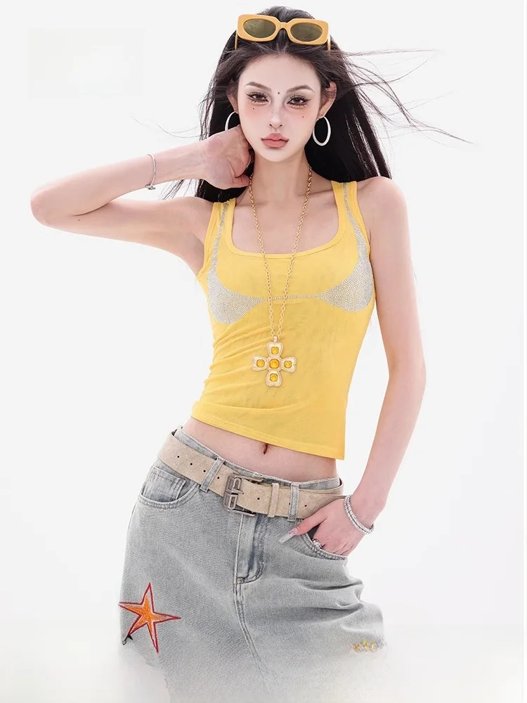 

Dopne Yellow Rhinestone Vest Strap Women's ort Top Summer 2025 Slim Fit Commute Sle Pure Color Other Material