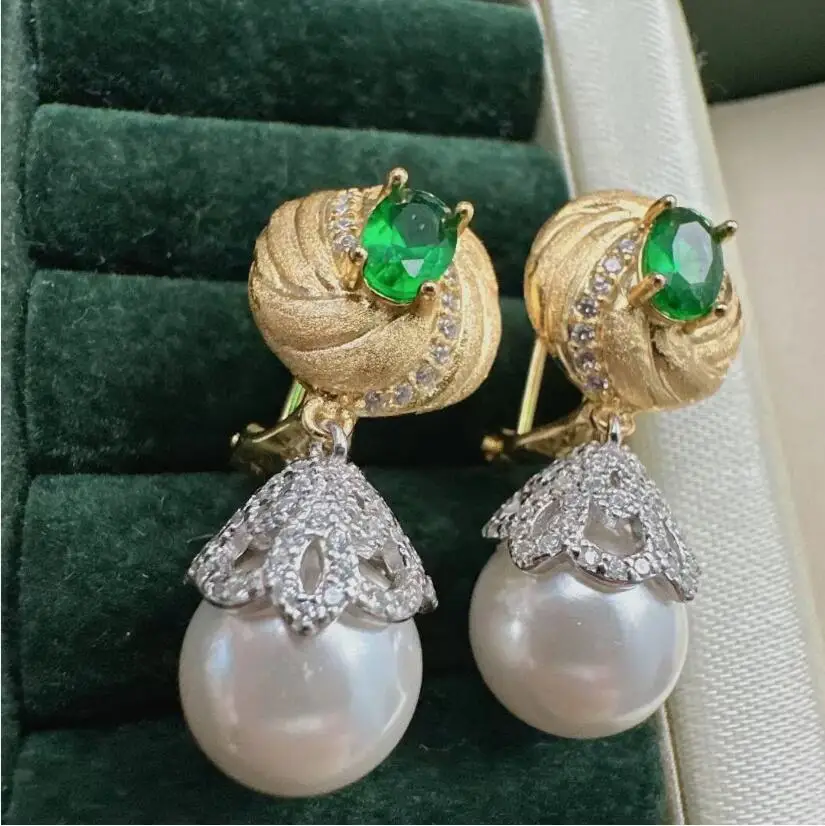 

gorgeous pair of 10-11mm south sea round white pearl dangle earring 925s