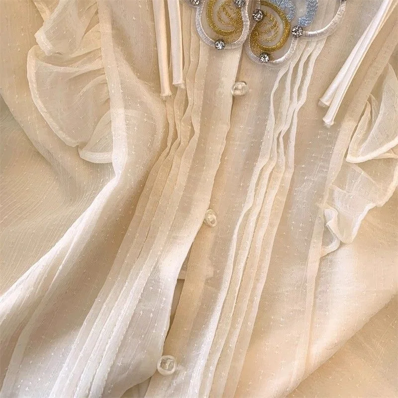 Nieuwe Chinese Sle Geborduurde Kant Trim Bubble Sve Chiffon irt Dames Zomer 2025, Faionable Top Stand Kraag Lange Sve