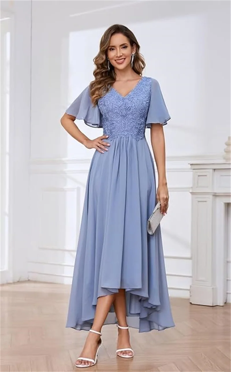 

Customized Lace Appliques Mother Of The Bride Dresses For Wedding With Sleeves Tea Length Chiffon Formal Evening Party Gown