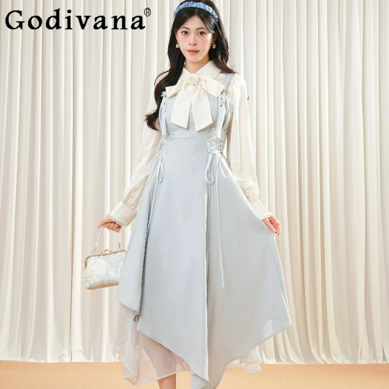 

French Bow Doll Collar White Shirt Irregular Patchwork Blue Strap Dress Set Women Lolita Style Outfits Girls Sweet Dress Suit
