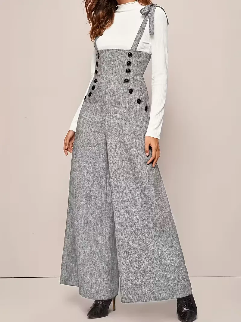 Elegant Jumpsuit Button Adjustable Wide-Leg Overalls Shoulder-Strap Loose Casual Romper High-Waist Flowy Relaxed Dungarees view 3