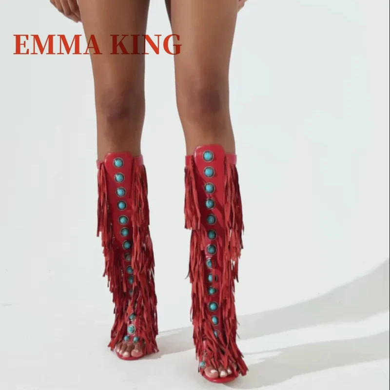 Sexy Blue Gemstone Knee-high Boots Open Toe Back Zipper Stiletto Heel Boot Fashion Catwalk Tassel Gladiator Sandals Women Summer