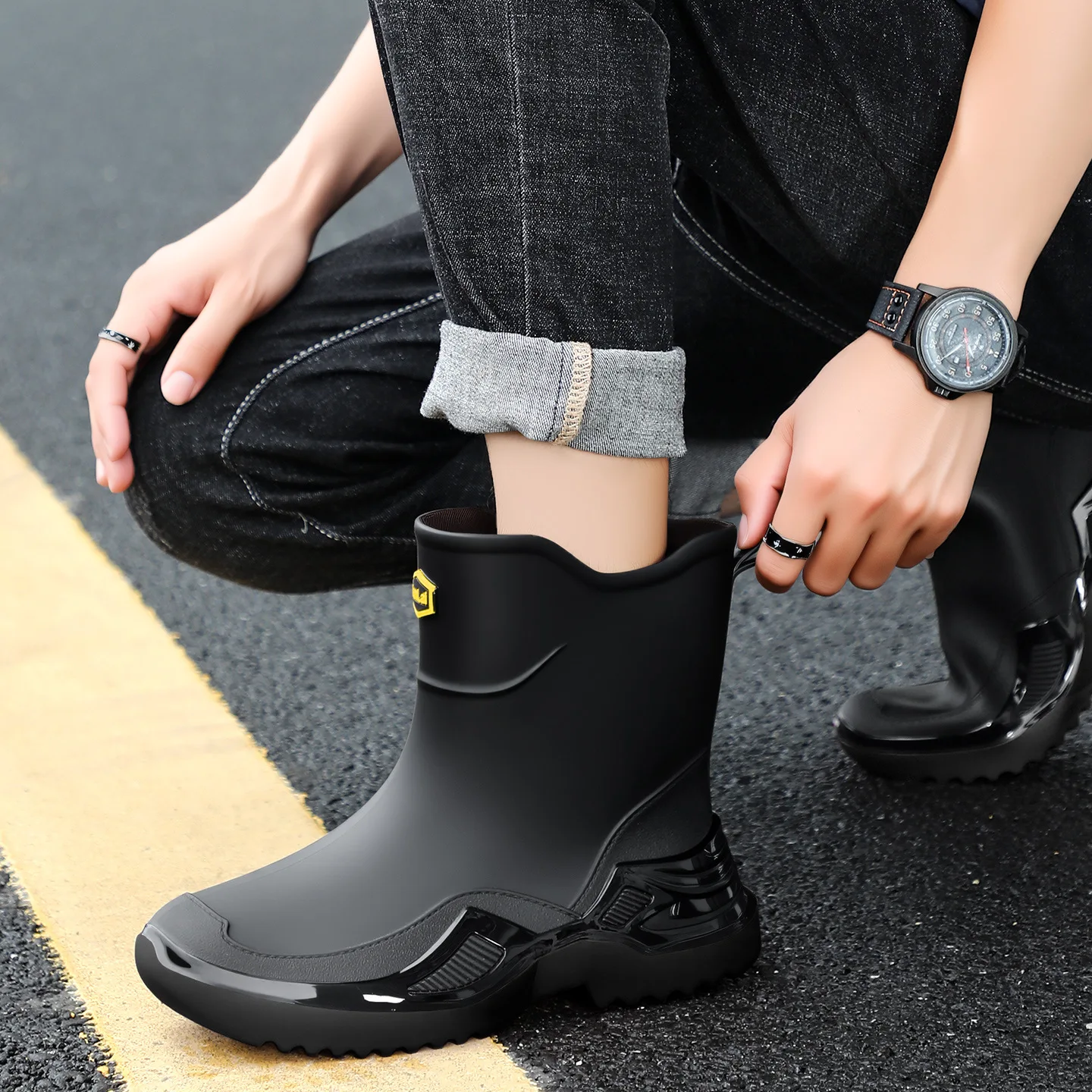 

Мужские утепленные нескользящие сапоги-полусапоги в корейском стиле из ЭВА, черные и разноцветные, для активного отдыха, 2026