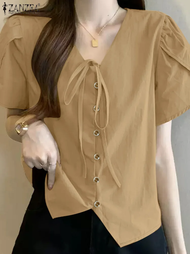 

Korean Fashion Summer Blouses ZANZEA Women Short Sleeve Buttons Shirts Casual Solid Work OL Tops Elegant Lace Up Holiday Blusas