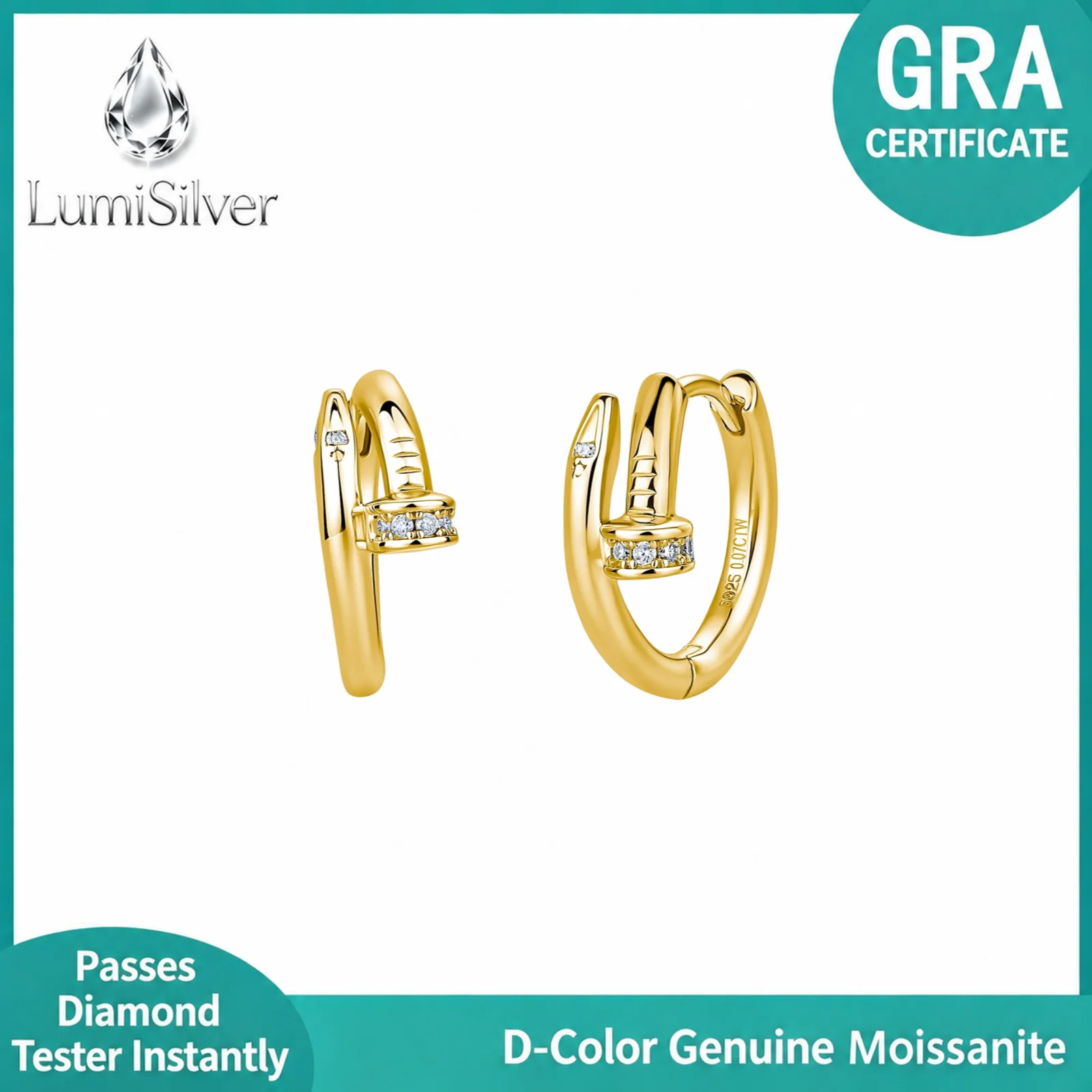 S925 Sterling Silver Moissanite U-Shape Huggie Hoop Earrings Pave Geometric Open Hypoallergenic Daily Fine Jewelry for Women