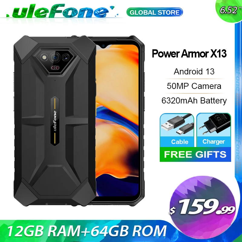 Ulefone Armor X13 ما يصل إلى 12 جيجابايت + 64 جيجا أندرويد 13، 6320 مللي أمبير 50 ميجابكسل 6.52 بوصة NFC 4G، نظام تحديد المواقع الإصدار العالمي #1