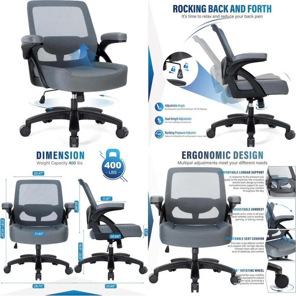 Big and Tall Office Chair 400lbs-Ergonomic Mesh Desk Chair with Flip up Arms, Heavy Duty Home Office Computer Chair, Wide Seat O