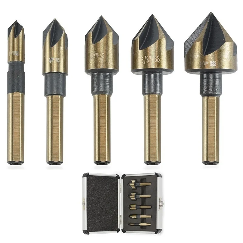 

Quality 5pcs Industrial M2 82 Degree Point Angle Countersink Drill Bit Set Flute Wood Chamfering Tool Cutter Chamfer Countersink