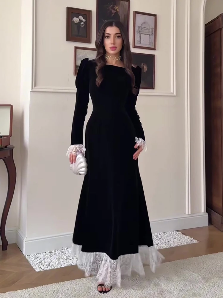 Neue Hohe Taille Spitze Trim Maxi Kleid Frauen Elegante Abendkleid Lange Volle Hülse Frühling Herbst Dame Robe Party Samt Kleid 2026