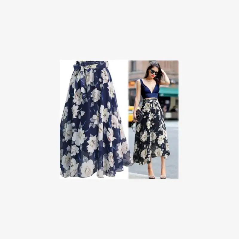 

Extra Large Size Women's Beach Vaion Sle Snowflake Chiffon f-length Long Skirt Summer 209 A-line Floral Print