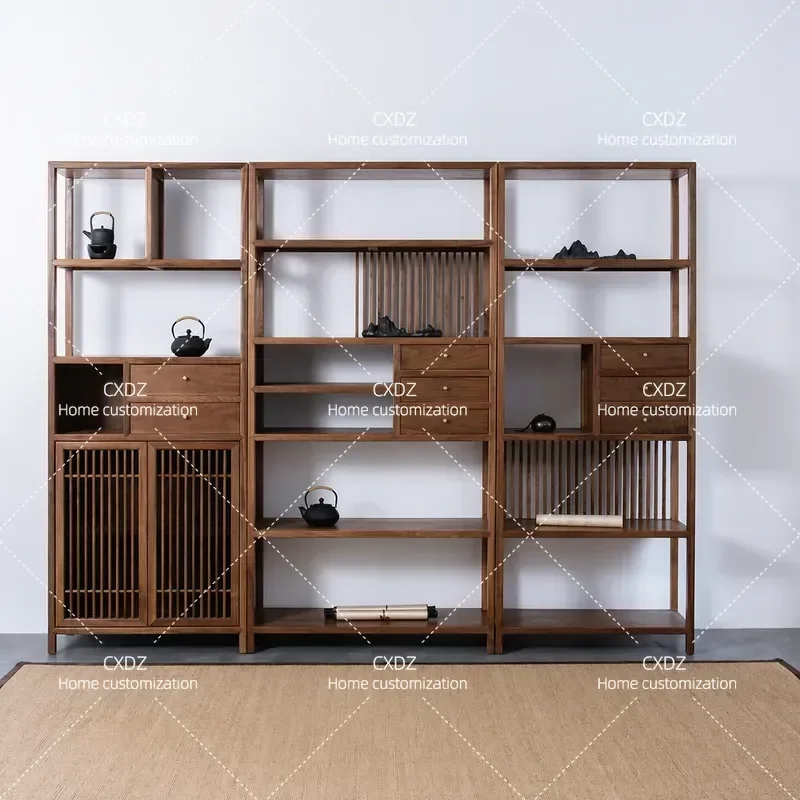 Walnut Solid Wood Tea Cabinet Shelf Display Storage Rack with Tenon and Mortise Craftsmanship for Tea Room Home Decor