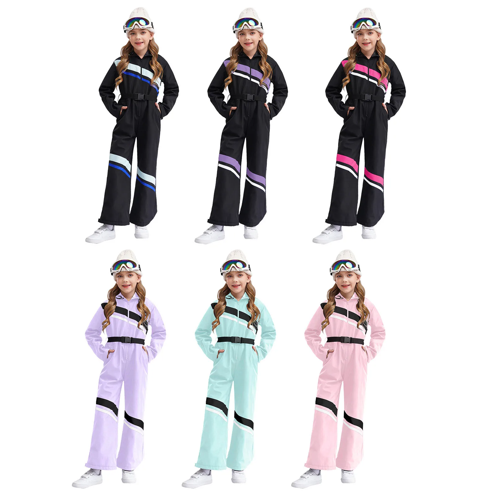 Nuove tute da ballo per pattinaggio con cappuccio da sci per ragazze per bambini Set manica lunga con cintura Sci da campeggio Snowboard Costume da alpinismo