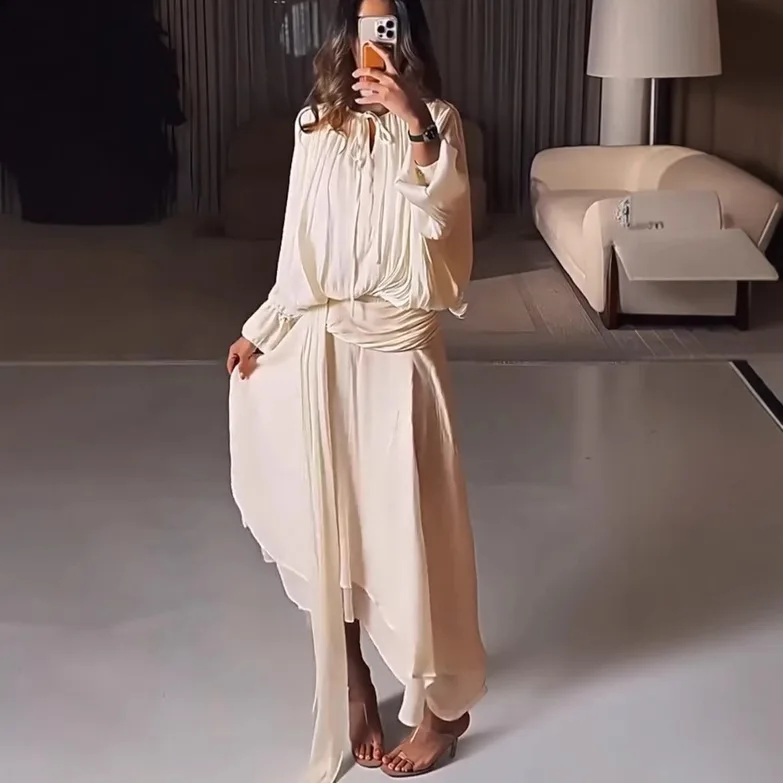 

Women's Solid Loose Spliced Folds Elegant Dresses for Women Round Neck Long Puff sleeves Patchwork Lace Up Dress Female Fashion