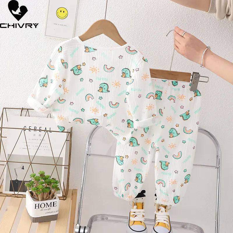 Kids Summer Pajamas New 2023 Boys Girls Thin Cartoon Cotton Yarn Shirts with Pants Homewear Sleepwear Baby Sleeping Clothes Sets